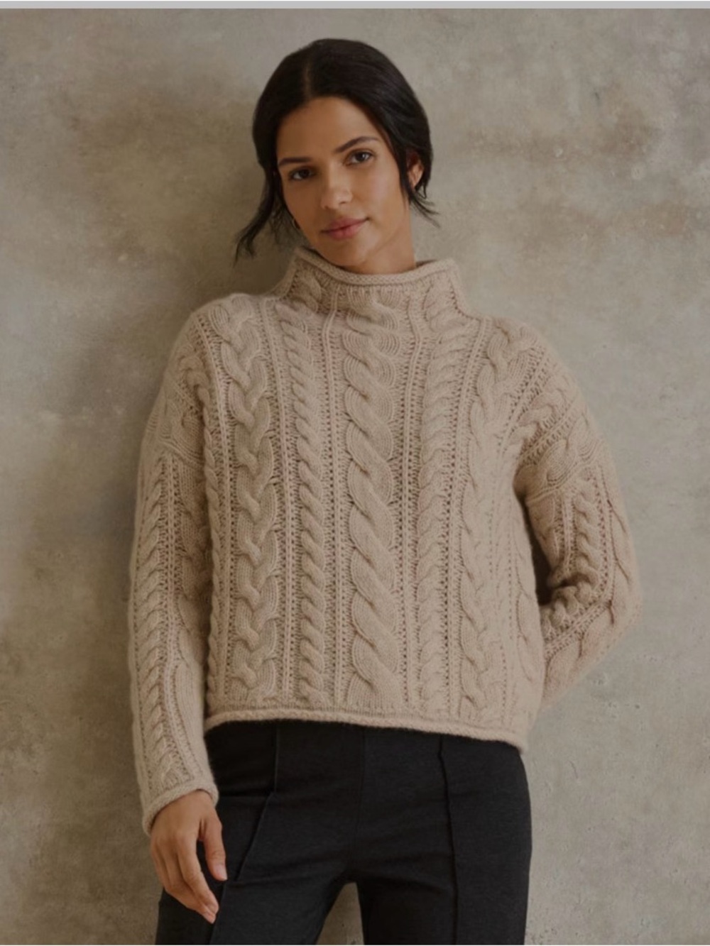 Garnet Hill Cashmere  Beige Lumi Cabled m Turtleneck Sweater Size L